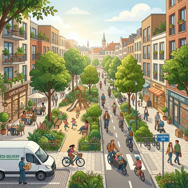 Illustration d'une rue apaisée et végétalisée avec des cyclistes qui roulent